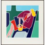 MAY, COLOR SILKSCREEN, 1982, H 24", W 24", "LADY ON A TRAIN"Numbered 49/150, and matted and