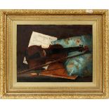 STILL LIFE OIL ON BOARD VIOLIN WITH MUSIC ON PILLOW H 18" W 21"gilt frame- For High Resolution