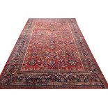 PERSIAN MAHAL WOOL CARPET, ANTIQUE, 15' X 10' 2"An overall red carpet with royal blue accent