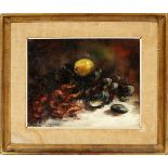 F. JORWITZ, OIL ON PANEL STILL LIFE OF OYSTERS AND SHRIMP H 9 1/2" W 12"framedArt work in good