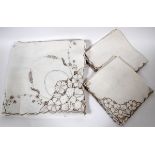 WHITE LINEN OPENWORK TABLECLOTH & NAPKINS, 13Twelve napkins and tablecloth.Stained overall.- For
