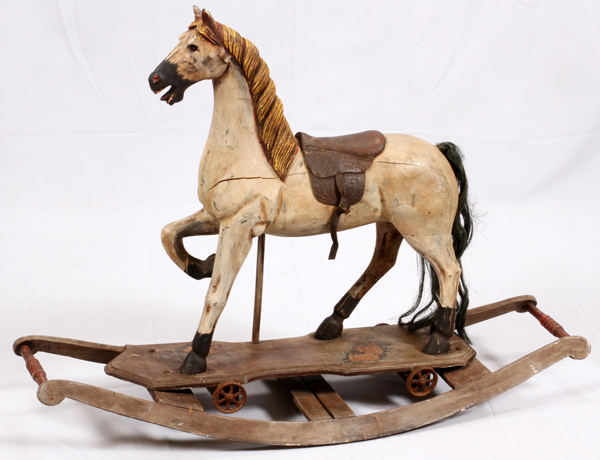 ANTIQUE CHILDS WOOD ROCKING HORSE, H 33:, L 59", D 14"Having a carved wood mane, leather saddle - Image 2 of 2