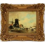 K DE JONG, DUTCH OIL ON PANEL, H 11", W 14" WINTER CANAL SCENESigned. Carved and gilt wood frame.