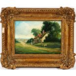 G. LARA, OIL ON WOOD, 1820 H 8" W 10" COTSWOLD LANDSCAPESigned. Hudson's label from 1972 on verso.
