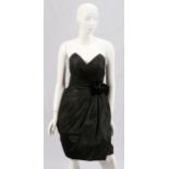 JOHN ANTHONY BLACK SATIN EVENING DRESSBlack satin gathered to faux black flowers. Labeled: John