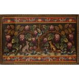 ANTIQUE, ENGLISH EMBROIDERY FRAGMENT H 19", W 31"Depicting foxes among flowers. Framed. Estate of