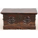 CONTINENTAL CARVED OAK COFFER, POSS. 18TH C. & LATER, H 20 1/2" W 18" L 40 1/2"A carved oak