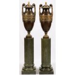 SIOT DEAUVILLE FOUNDRY, BRONZE URNS, PAIR, H 37 1/2", W 14", PEDESTALS 33"A pair of French bronze