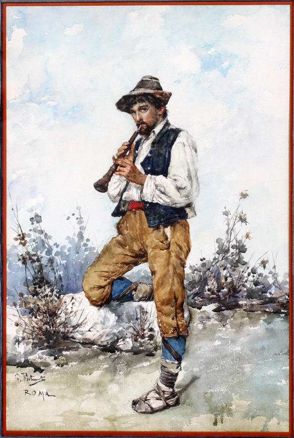 G. FARHUNT WATERCOLOR, H 21", L 14", ITALIAN MAN PLAYING FLUTEDepicting an Italian man playing a - Image 2 of 3