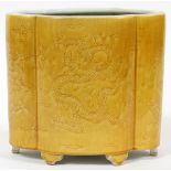 CHINESE INCISED PORCELAIN VASE, H 6", L 6.75", D 4.25"Yellow in color with incised dragons.Good