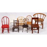 ANTIQUE AMERICAN DOLL CHAIRS, EIGHT, H 16"-18", W 8"-17", D 8"-9 1/2"The chairs range in size from H