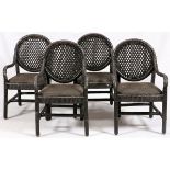 LEATHER ARM CHAIRS, SET OF FOURWoven leather over wood by ENT, Los Angeles.Good used condition jw-