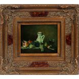 SIGNED, OIL ON BOARD, H 7 1/2", W 9 1/2", STILL LIFE OF FRUIThaving a carved gilt wood frame.