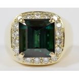 11.59CT BLUE GREEN TOURMALINE AND 2CT DIAMOND RING, GIA, SIZE 9.5An 11.59ct natural blue-green