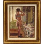 ALEXANDRE DENONNE (BELGIAN, 1879-1953), OIL ON CANVAS, H 20", W 16", WOMAN IN BOUDOIRBelgian artist.