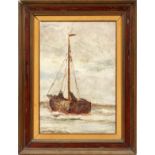 OIL ON PANEL, SAILBOAT AT SEA, H 22", W 15"Depicts a sailboat at sea, framed, unsigned.separation to