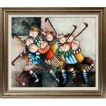 J. ROYBAL OIL ON CANVAS H 24" W 20" BOYS PLAYING FIELD HOCKEYFramed and signed in the lower right-
