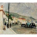 ALEXANDRE DENONNE OIL ON CANVAS, H 24", W 28", CARS ON A BEACH STREETAlexandre Denonne [Belgian,