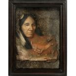 NEIL ROSE, INDIAN RELIEF IN SHADOW BOX, H 11", W 8 1/2", "LOOKOUT"Mahogany frame, composition image,