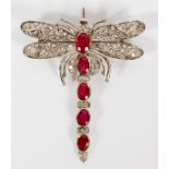 ART DECO DRAGONFLY PIN/BROOCH 18KT WHITE GOLD WITH FIVE OVAL RUBIES & MELEE DIAMONDS L 2"Marked on