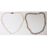 TWO STRANDS OF FRESH WATER PEARL NECKLACES GRAY ONE WHITE L 16"gold clasps- For High Resolution