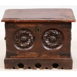 CONTINENTAL HAND CARVED WOOD CHEST, POSS. 18TH C., H 21", W 14", L 27"wrought iron handles and