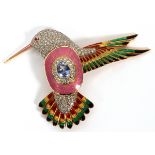 ART DECO PIN/BROOCH HUMMING BIRD WITH ENAMEL 18K YELLOW GOLD, #750, AQUAMARINE OVAL STONE W./