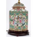 ORIENTAL PORCELAIN COVERED JAR LAMP, H 25 3/4"Warriors with colors of pink, teal, gold, blue and