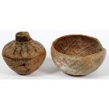 HOHOKAM POTTERY VESSELS, 2 PIECES, H 3 1/2" - 4 3/4"Including 1 vase with Kokopelli decoration, H.