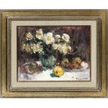 F. JORWITZ, OIL ON BOARD STILL LIFE OF FRUIT AND FLOWERS H 11" W 14"Framed. Title "Fleurs" on