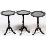 CHINOISERIE STYLE PEDESTAL TABLES, THREE, H 20", DIA 14"Including 1 walnut.Two tables in good