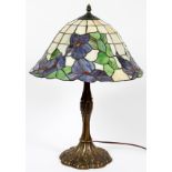 MUSHROOM SHAPED LEADED GLASS TABLE LAMP, H 20"Having a mushroom shape, leaded glass shade with