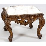 ITALIAN CARVED WALNUT TABLE WITH MARBLE TOP, H 20", L 28", D 21"Having an inset marble top, carved