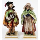 GERMAN PORCELAIN HAND PAINTED BEGGARS, 3, H 7"Gypsy lady playing instrument and man begging on a