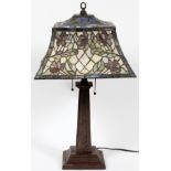 FLORAL LEADED GLASS TABLE LAMP, H 24", W 14" SQUAREHaving a floral leaded glass four sided,