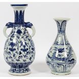 CHINESE BLUE & WHITE PORCELAIN DRAGON & FLORAL VASES, TWO, H 9", DIA 6"Double elephant head handles.