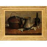 EMIL CARLSEN, OIL ON CANVAS, STILL LIFE OF KITCHENWARE, H 19", W 30"Am 1853-1932- For High