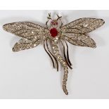 ART DECO DRAGONFLY PIN/BROOCH 18K WHITE GOLD #750 SINGLE OVAL RUBY, MELEE DIAMONDSMarked on the