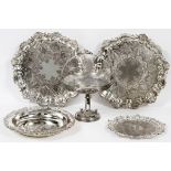 SILVER PLATE SERVING TRAYS (3) PLUS 2 OTHERS DIA 15", 15" 10"Pair matching round and footed trays