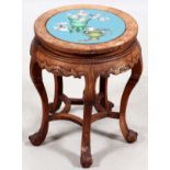 CHINESE CLOISONNÉ & TEAKWOOD END TABLE, H 20", DIA 17"Inset with a circular cloisonné panel having a