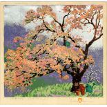 GUSTAVE BAUMANN (AMERICAN, 1881-1971), COLOR WOODCUT, "SPRING BLOSSOMS"#82/130. Pencil signed,