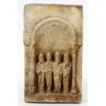 HAND CARVED PANEL WITH FOUR SAINTS IN ARCHWAY, H 7", W 4"Place on back to hang it.- For High