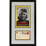 SIR EDMUND HILLARY, SIGNED FIRST DAY COVER AND NATIONAL GEOGRAPHIC MAGAZINE, H 16", W 7"First day