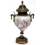 FRENCH HAND PAINTED PORCELAIN & BRONZE-MOUNTED URN, EARLY 20TH C., H 16"Bronze handles. Hand painted