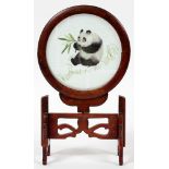 CHINESE SILK EMBROIDERY, DIA 4", FITTED AS A TABLE SCREEN,Depicting a panda bear. Hand embroidery,