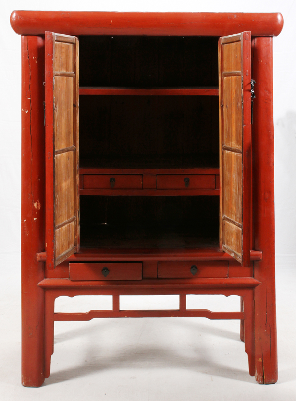 CHINESE CARVED WOOD CABINET, H 71", L 47", D 21"Chinese carved wood cabinet painted red and having a - Image 3 of 3