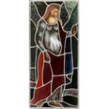 SMALL LEADED STAINED GLASS HANGING PANEL, C. MID 20TH C., H 22", W 10"Standing female; hanging