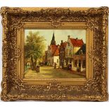 KAREL DE JONG, OIL ON BOARD, H 9 1/2", W 12", DUTCH TOWN WITH CANALframednice condition- For High