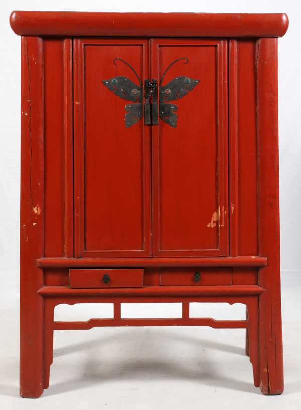CHINESE CARVED WOOD CABINET, H 71", L 47", D 21"Chinese carved wood cabinet painted red and having a