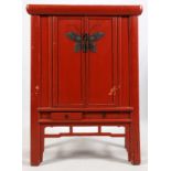 CHINESE CARVED WOOD CABINET, H 71", L 47", D 21"Chinese carved wood cabinet painted red and having a